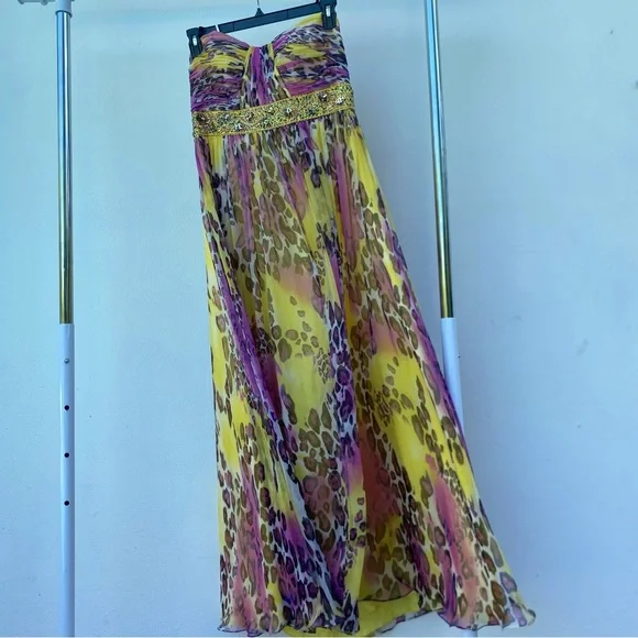 Y2K Camille La Vie Pink & Yellow Leopard Beaded Gown Size 14 - Picture 4 of 9